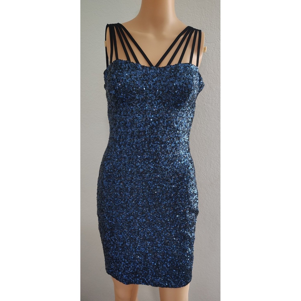 Dress the Population Blue Sequin Strappy Bodycon Cocktail Party Dress Size M